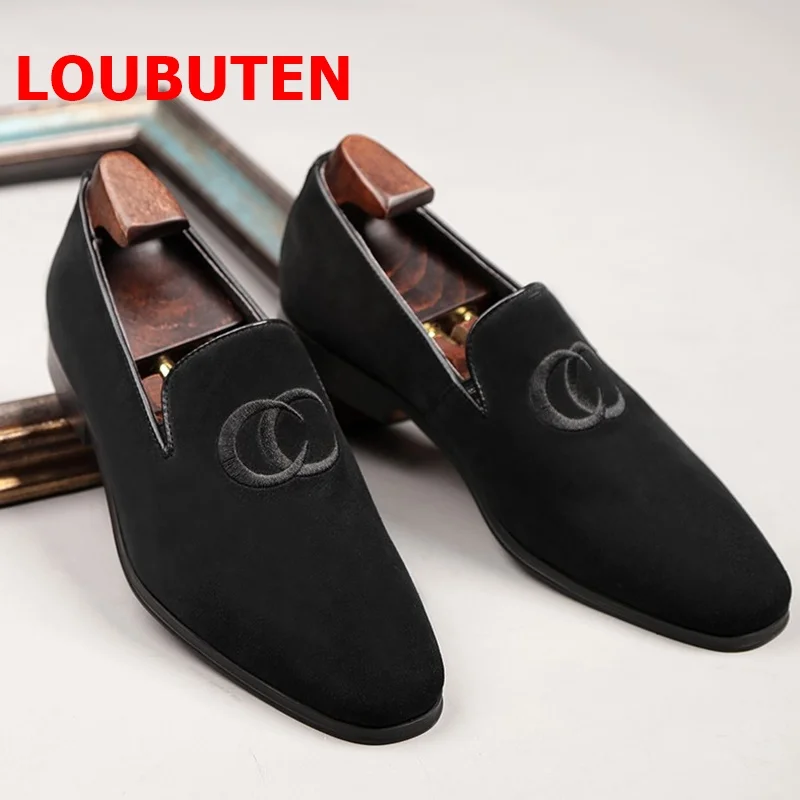 Loubuten Suède Schoenen Mode Borduren Loafers Mannen Flats Casual Schoenen Handgemaakte Jurk Schoenen Slippers Partij Schoenen