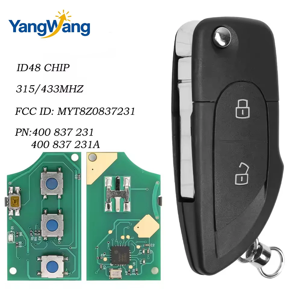 

YangWang 4D0 837 231 433MHz 315MHz ID48 Chip For Lamborghini Gallardo FCC ID: MYT8Z0837231 Keyless Entry Fob Remote Key
