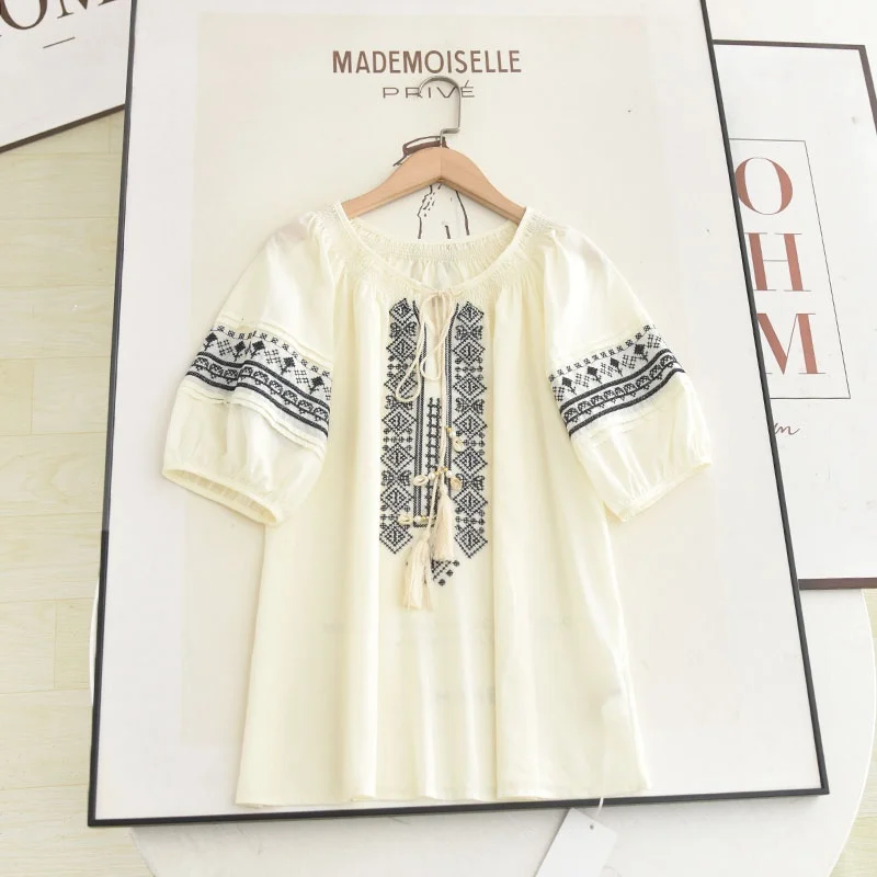 

Ретро-этническая вышитая блузка с круглым вырезом и коротким рукавом, свободного кроя, стройнящая фигуру, для женщин, летняя, универсальная, повседневная, модная