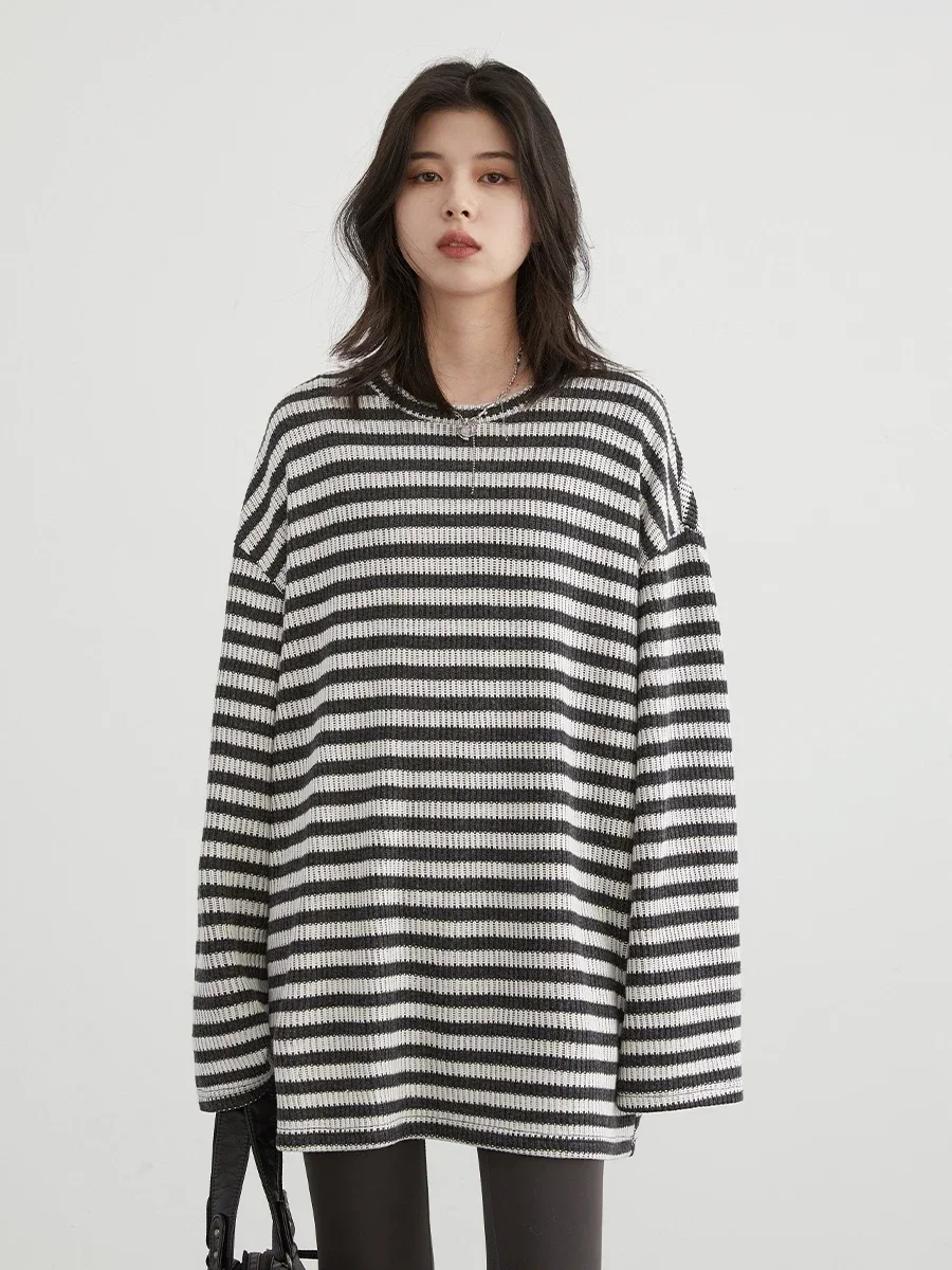 CHIC VEN Women T-Shirts Loose Casual New O Neck Knit Striped Long sleeved Female Tees Oversized Woman Top Spring Autumn 2024