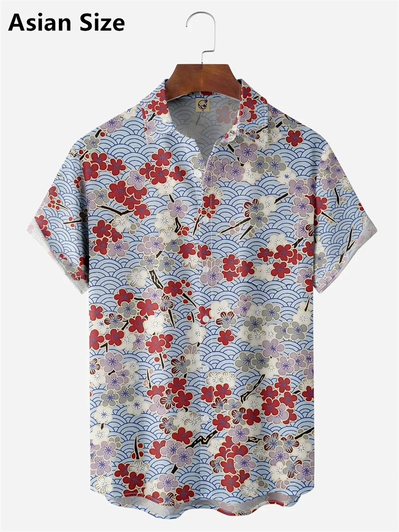 Estilo japonês flor de cerejeira padrão camisa masculina impressão 3d reteo havaiano praia camisa nova ao ar livre casual blusa de manga curta