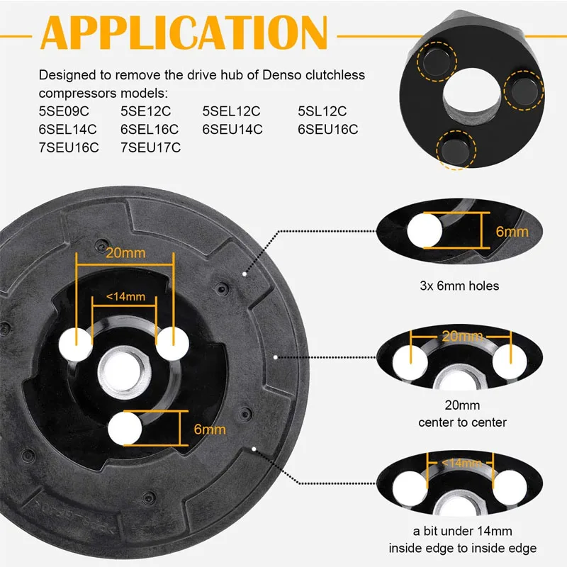 A/C Compressor Clutch Hub Remover Tool No Impact Wrench Needed for Drive Hub of Denso Clutchless Compressors 5SE09C 7SEU17C More