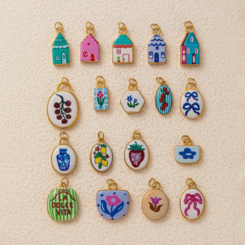 

New Oval Stainless Steel Charms Painting Drop Oil Pendant Flower House Print DIY Jewelry Decoration Accessories