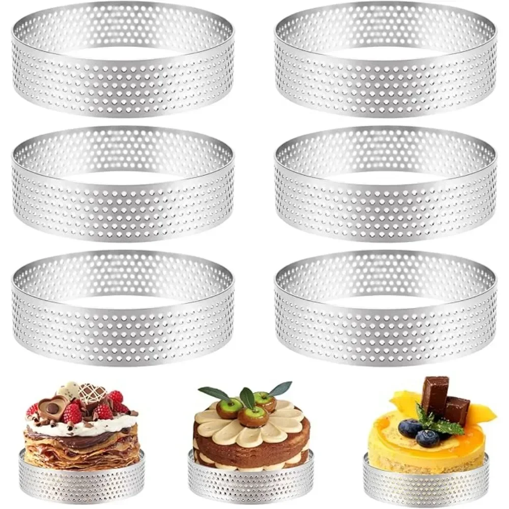 Moule rond en argent et acier inoxydable, 6 pièces, 8cm, anneaux à tarte, Dessert français, Mousse, gâteau, tarte aux fruits, outils de cuisson pour fête de famille