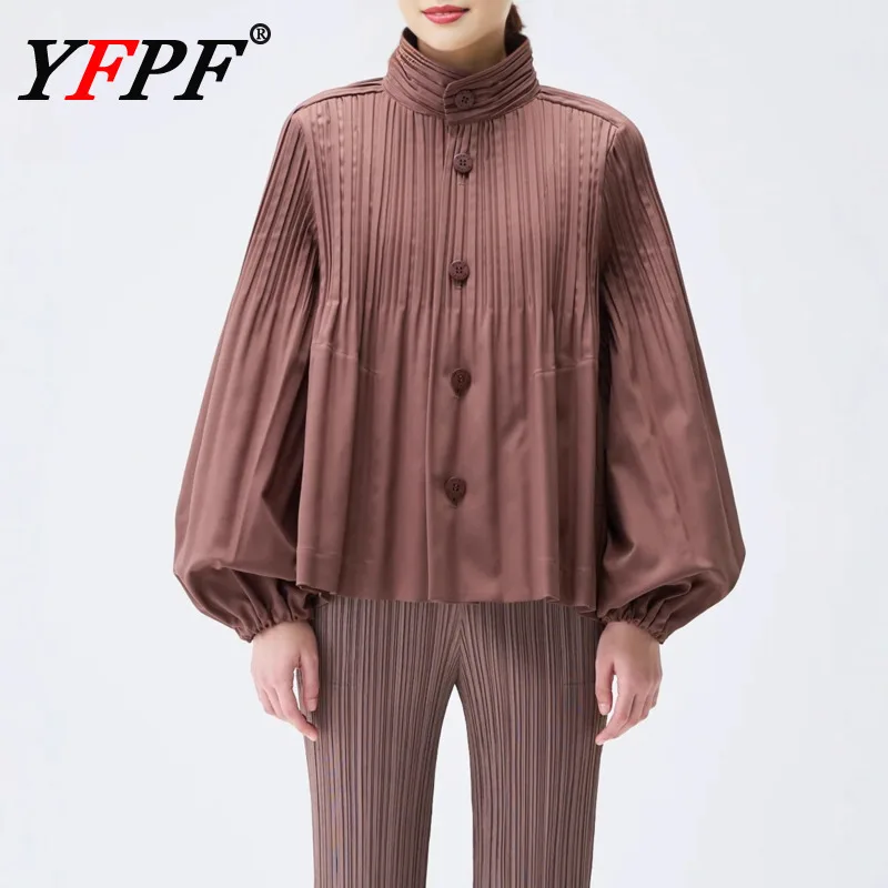 

YFPF Fashion Miyake Pleated Women's Coat Stand Collar Lantern Sleeve Button Solid Color Loose Jacket Casual 2025 Autumn New
