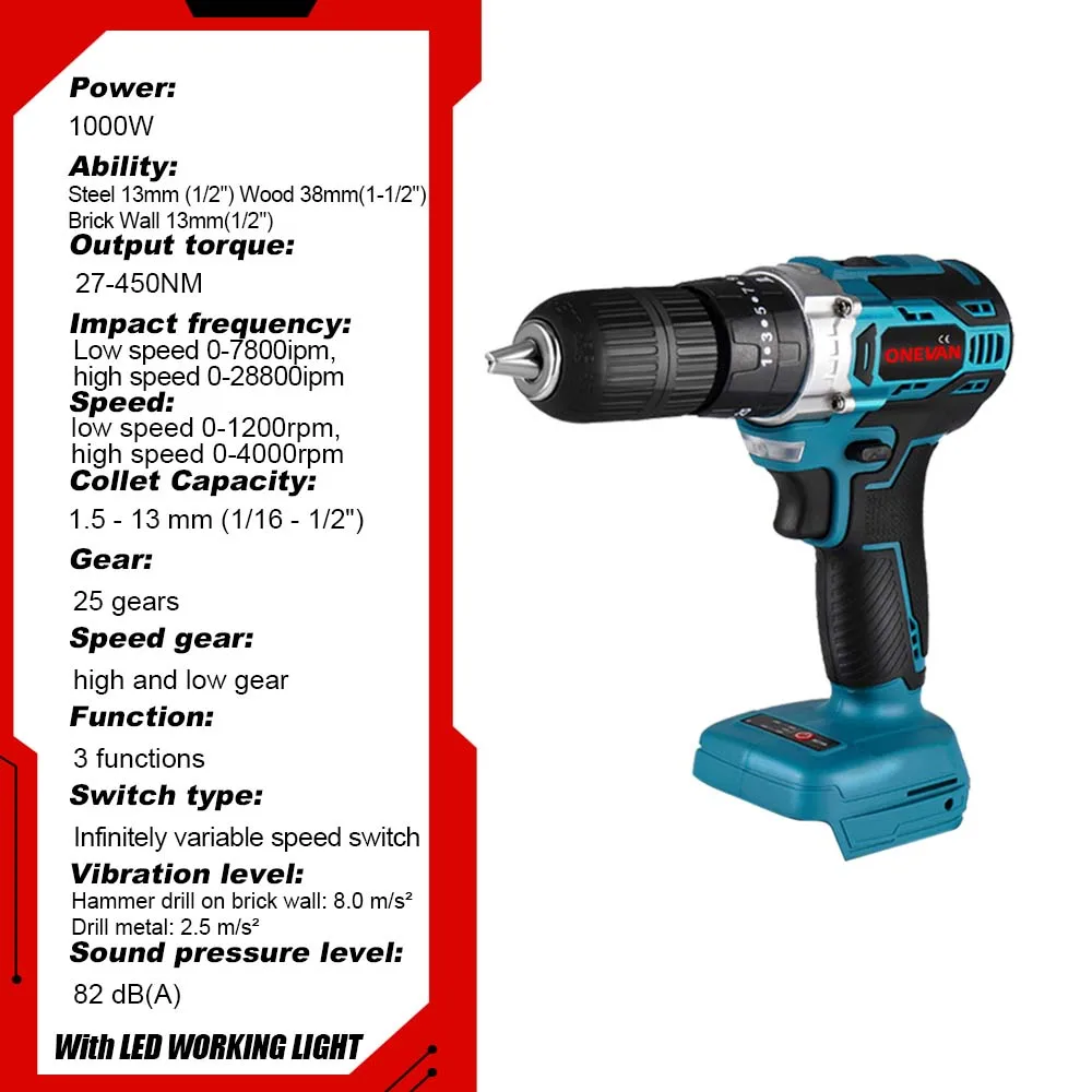 ONEVAN-martillo eléctrico sin escobillas, taladro de impacto inalámbrico 3 en 1, 13mm, para batería Makita de 18v, 25 + 3