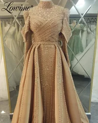 Muslim Champagne Long Sleeve Wedding Party Dress Heavy Beaded Dubai Arabic Evening Gowns With Detachable Train Customized Robes