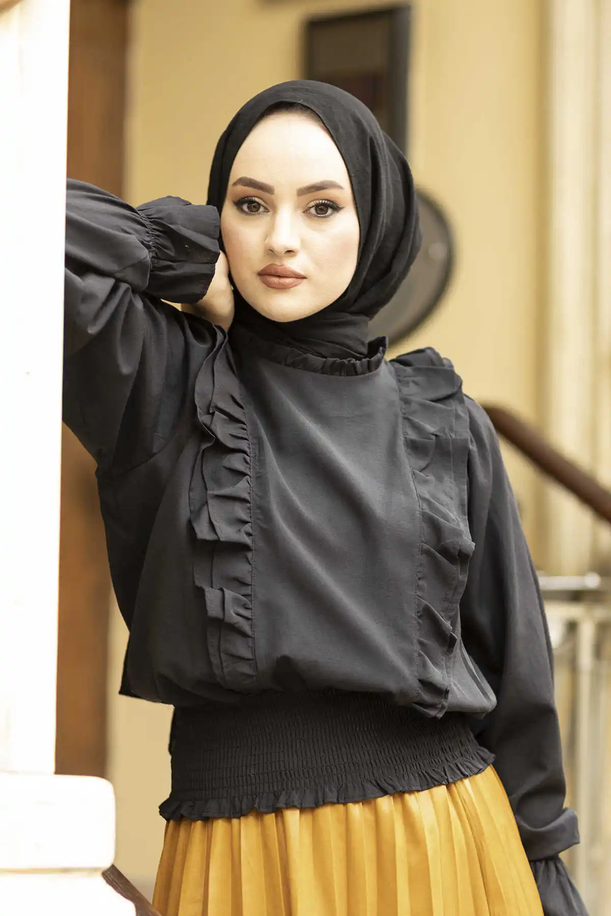 Front Frilled Blouse MD-Black