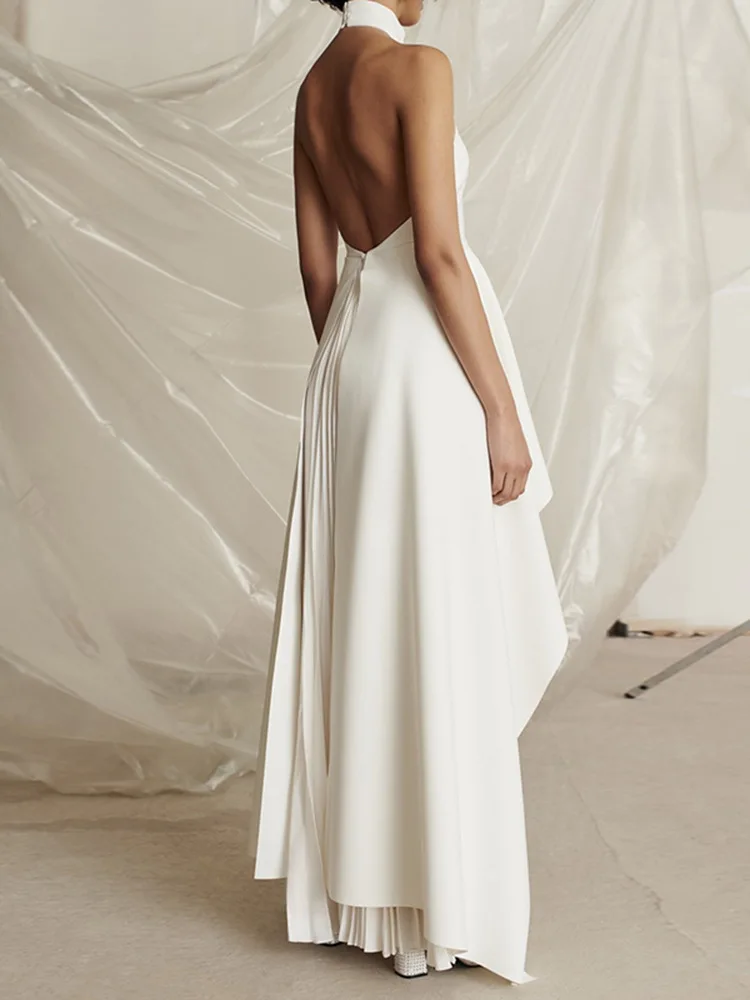 Missuoo المرأة الفاخرة الرسن الرقبة ثوب مسائي 2026 أنيق عارية الذراعين اللون حظر طويل مطوي فستان مجموعة فستان الزفاف الأنيق #4