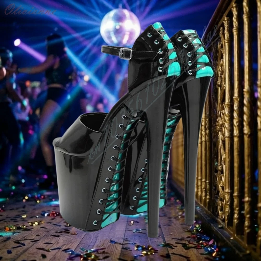 Back Lake Blue Strappy Design Sandals Lace-up Black Patent Leather Stiletto High Heels Dance High Heels Women Pole Dance Shoes