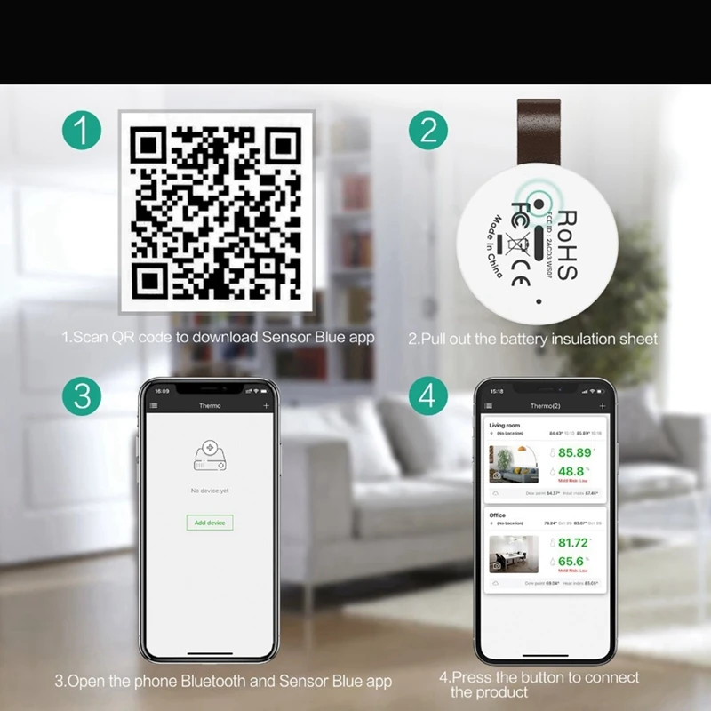 Therye.com-Hygromètre avec télécommande Bluetooth, température intérieure précise, capteur d'humidité, 2 pièces