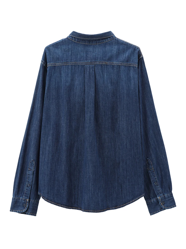 KAOPU ZA Women with bow patch pocket denim shirt vintage lapel-neck long sleeves button-up female blouses blusas chic tops