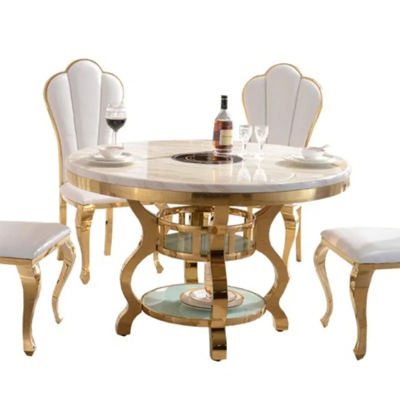 

Hong Kong style stainless steel marble dining table and chair combination simple modern marble round table gold dining room home