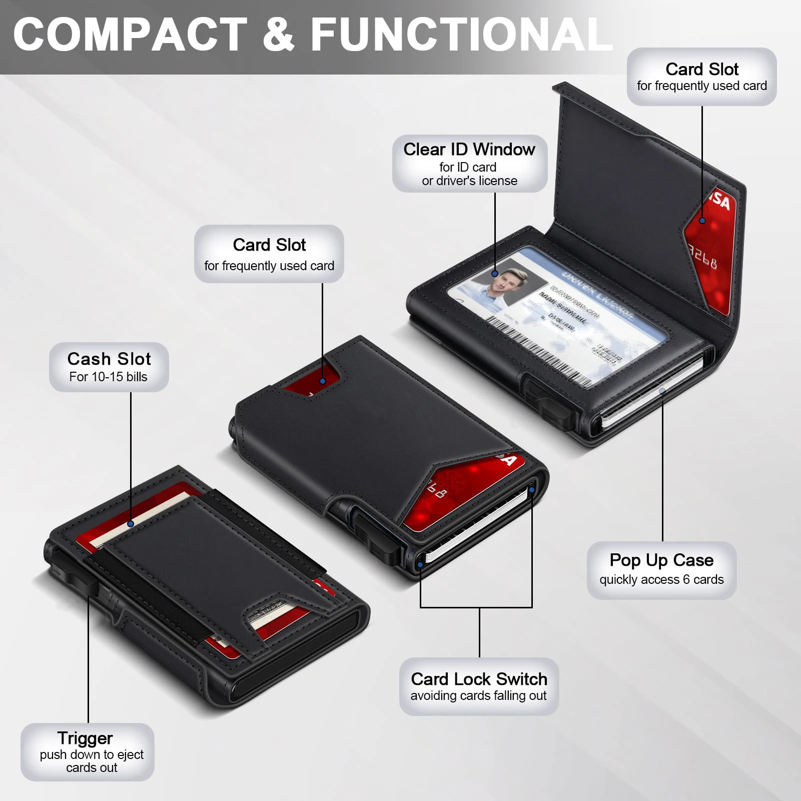 محفظة جلدية سوداء جديدة للرجال محفظة رفيعة ثنائية الطي RFID مع حامل بطاقة معدنية منبثقة وأكمام بطاقات محفظة منبثقة