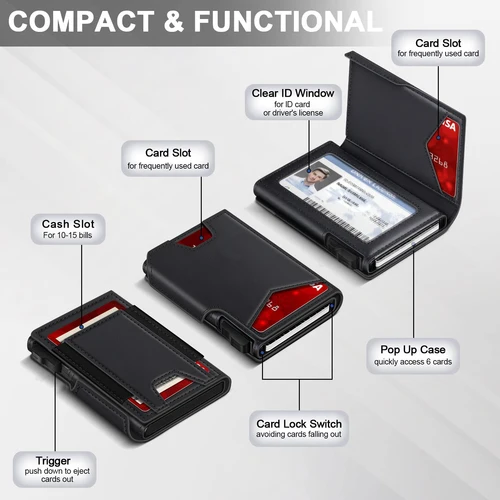 Imagen 2 del producto Nueva cartera de cuero negro para hombre, billetera delgada plegable con bloqueo RFID con tarjetero de Metal emergente y fundas para tarjetas, billetera POP UP