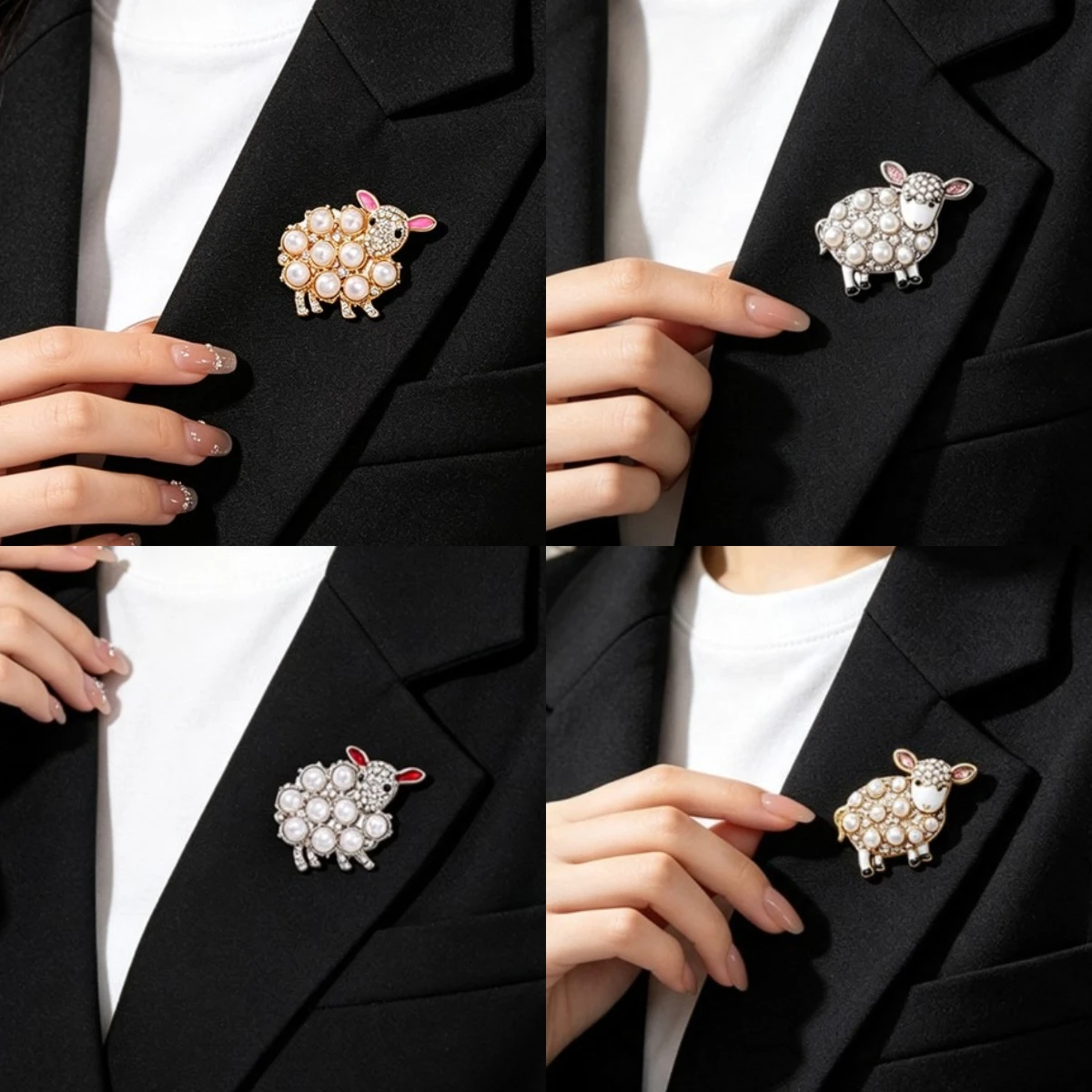 Cross border retro pearl rhinestone lamb brooch, zodiac sheep shaped chest flower, women's suit coat brooch