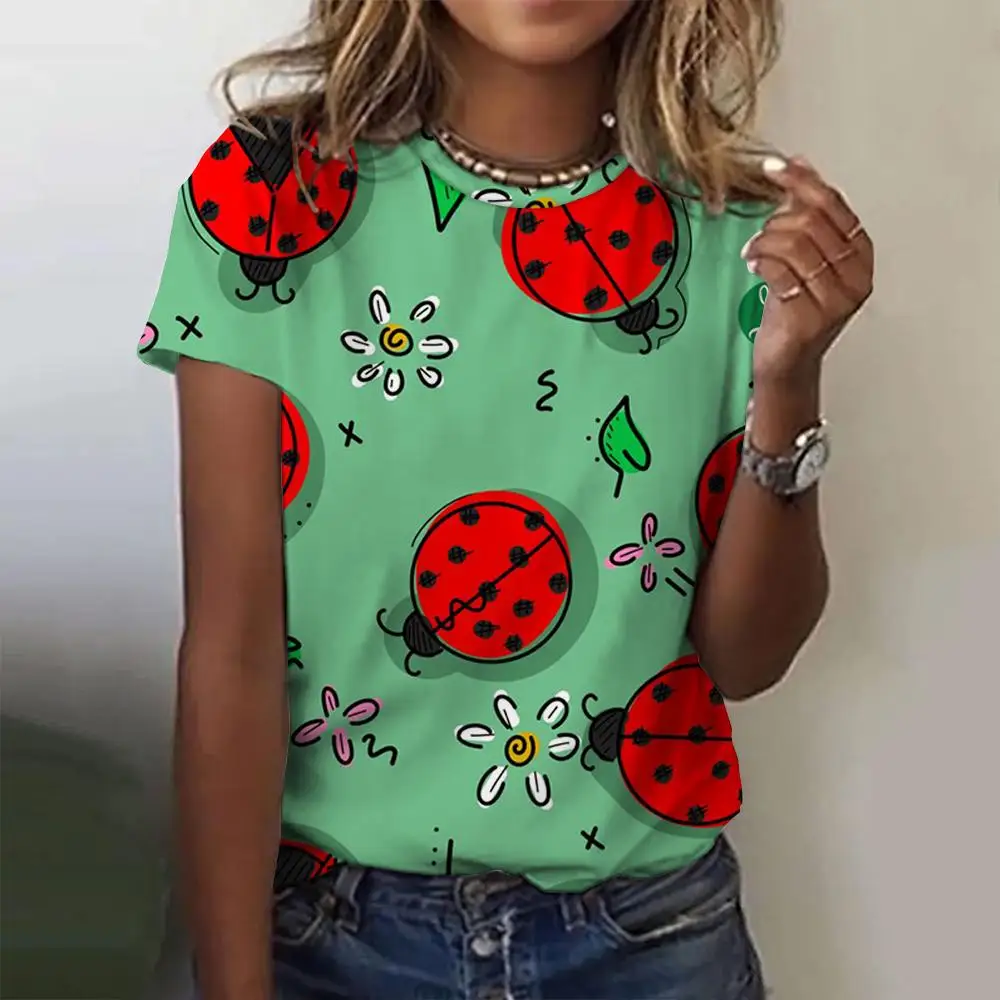 Summer Ladybug Floral 3D Print T-shirts Women Streetwear Casual Fashion Y2k Short Sleeve T Shirt O-neck Tees Tops Clothing