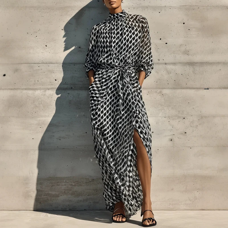 Elegant High Neck Waist Tie Split Chiffon Long Dress Women Geometric Print Maxi Dress Autumn 3/4 Sleeve Loose Casual Party Dress