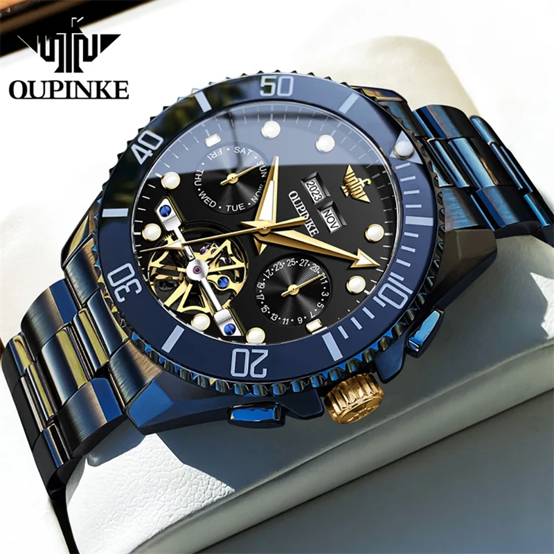 OUPINKE Top Brand Men Watches Automatic Mechanical Watch 50M Waterproof Stainless Steel Skeleton Design Watches Reloj de hombre