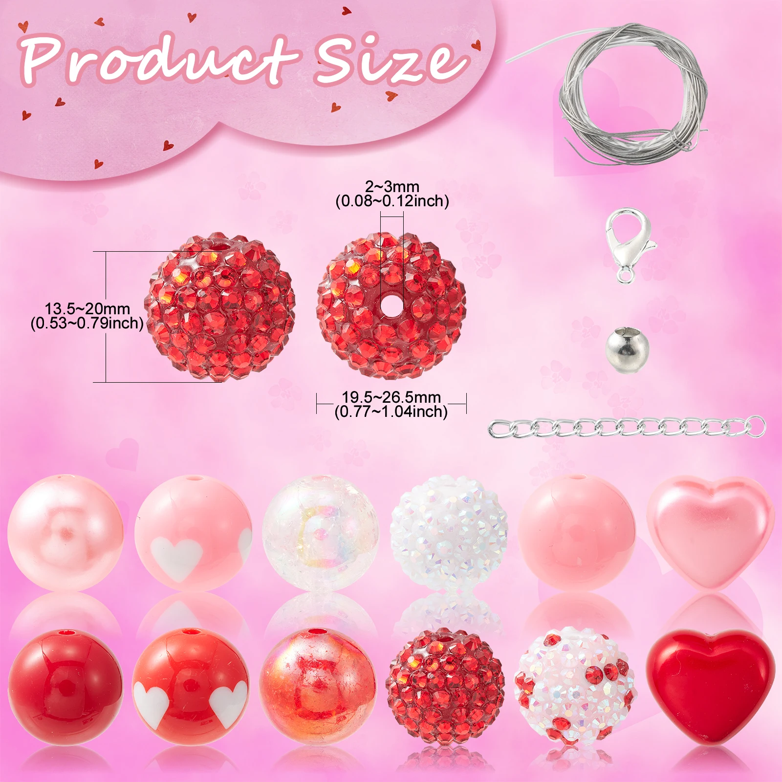 50Pcs 20mm Valentine\'s Day Theme Beads Pink & Red &Green Bubblegum Beads Acrylic Heart Beads for DIY Jewelry Making Accessories