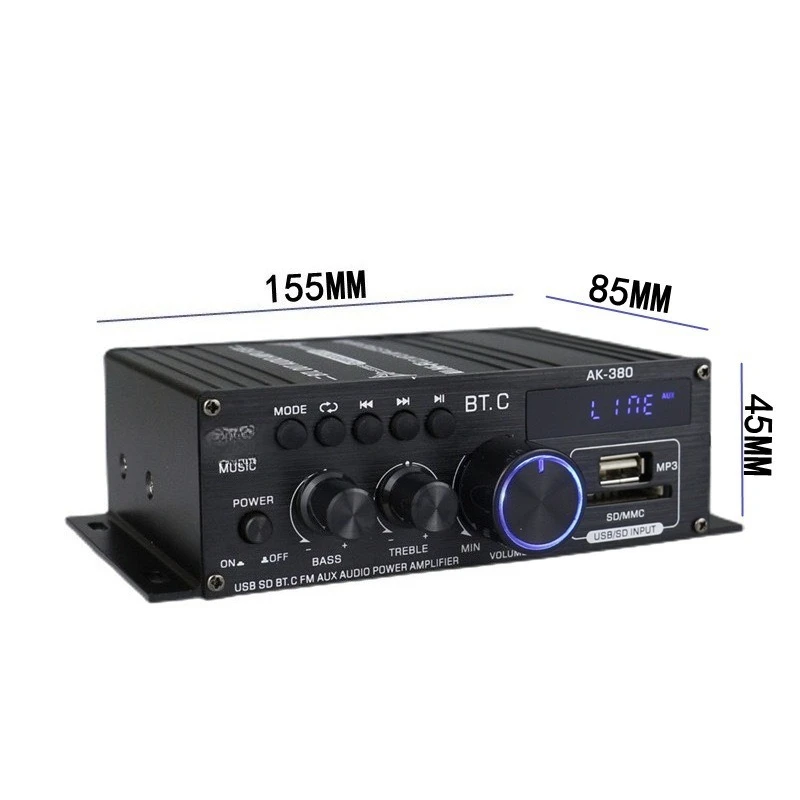 AK-380 Bluetooth Power Amplifier with Remote Control/SD/USB/FM Bluetooth 5.0 + Multi-interface Input, Mini Audio