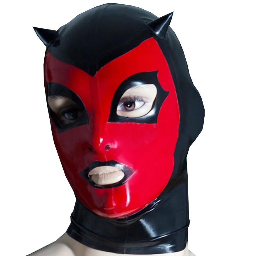 Sexy Natural Latex Unique Hood Rubber Men Mask With Small Horns Cosplay Black And Red Face Handmade Headwear RLM093