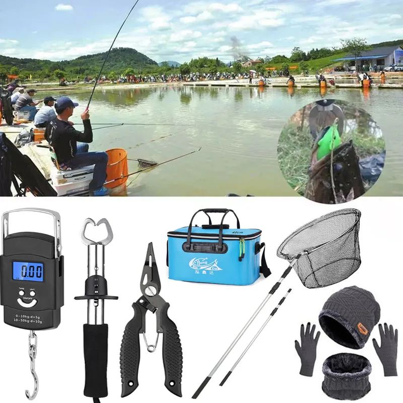 Fishing Tongs Hanging Scale and Stainless Steel Fish Hook Live Fish Bucket Removable Fishing Net High-quality Fishing Gear Tools