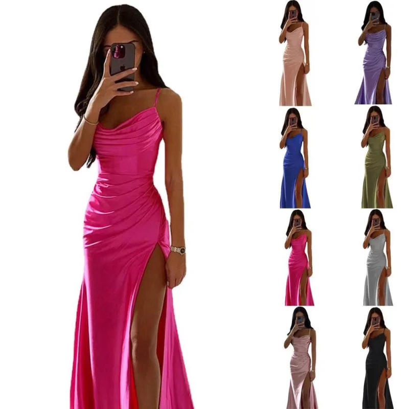 Slim Evening Dress New Spring Summer Bra Shrink Pleated Split Satin Dress Sexy Slim Fit Wrapped Hip Dress Custom Logo