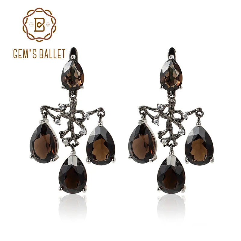 GEM'S BALLET Chinese Elements Jewelry Natural Smoky Quartz Branch Earrings 925 Sterling Silver Handmade Boho Style Drop Earrings