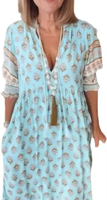 Vestidos de ocasião formal fiesta vestidos mujer v pescoço moda impresso boho vestido verão feminino nova praia manga curta resort vestido