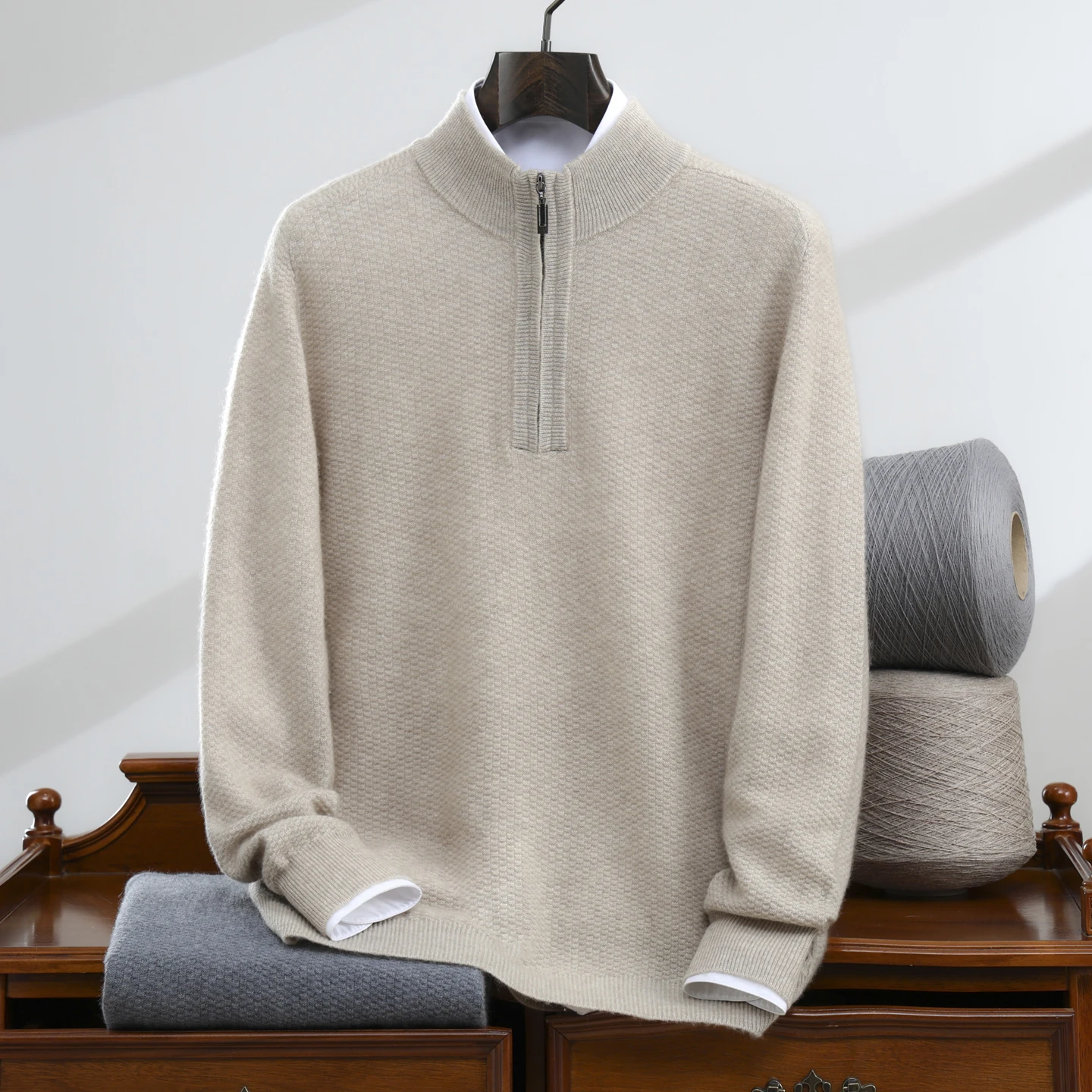 

Мужская вязаная толстовка с половиной молнии, 100% кашемир, вязаная мужская одежда, повседневный деловой толстый свитер, модный топ с высоким воротником