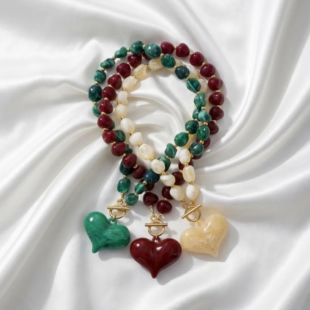 New Boho Resin Beaded Green/Red/Cream Apricot Color Toggle Clasp Chunky Heart Pendant Chic Women Jewelry Gift