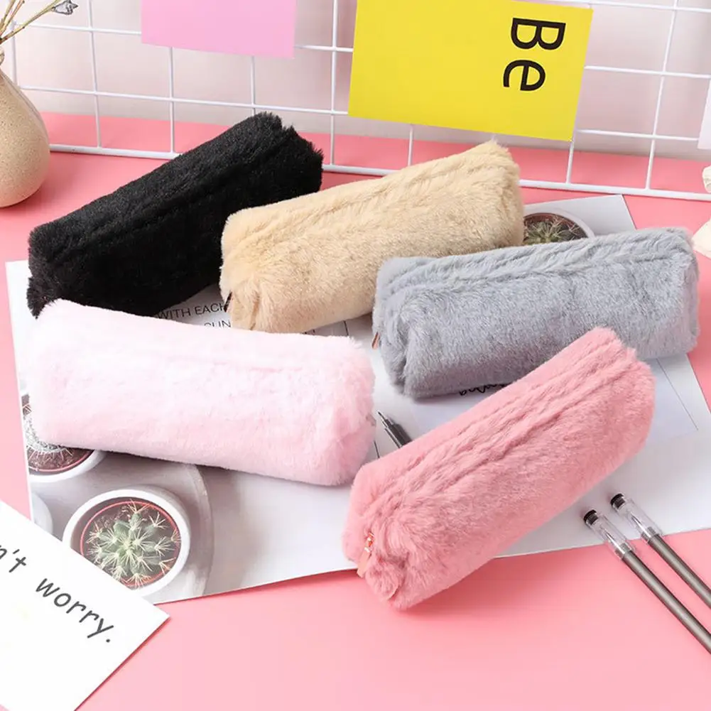 Pencil Case Kawaii Plush Cosmetic Case Bag Zipper Closure Pen Bag Lovely Girls Solid Color Plush Pencil Case Stationary Kit