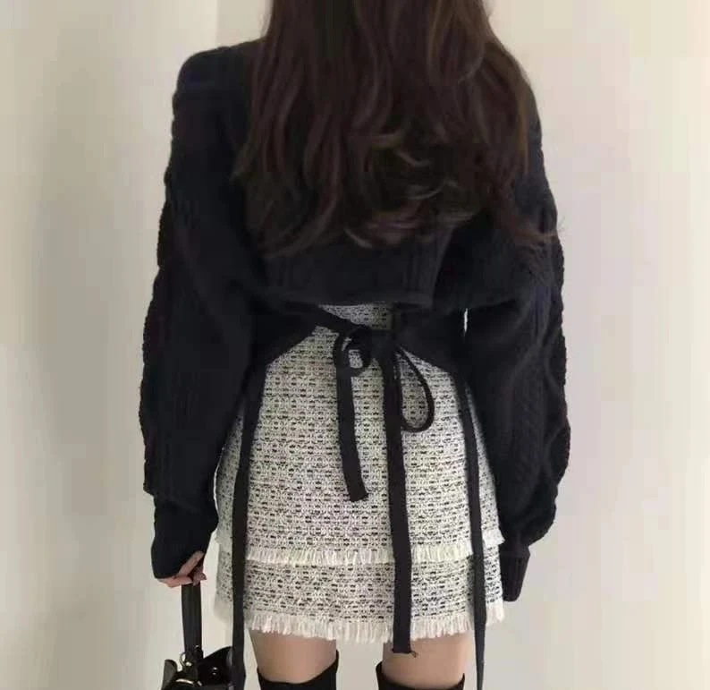 

Модный вязаный пуловер, свободные топы, v-образный вырез, спина, талия, короткий свитер на шнуровке, с длинными рукавами, однотонные милые свитера