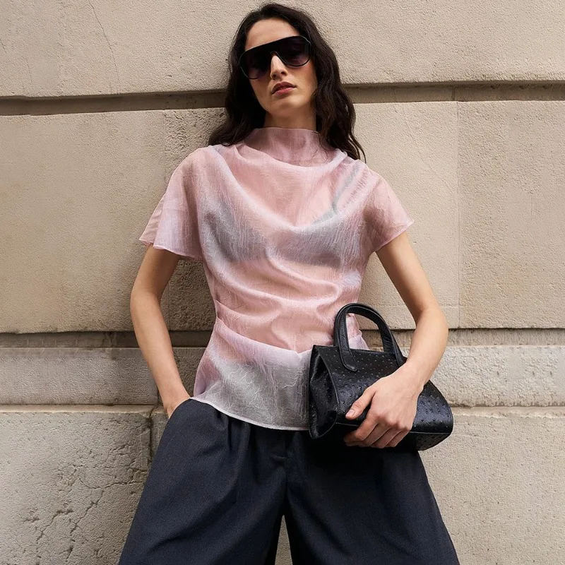 

Tuularose Pink See-through T-Shirt Summer Fashion Solid Casual Shirt Tops Elegant Commuting High Street Streetwear Women's Tops