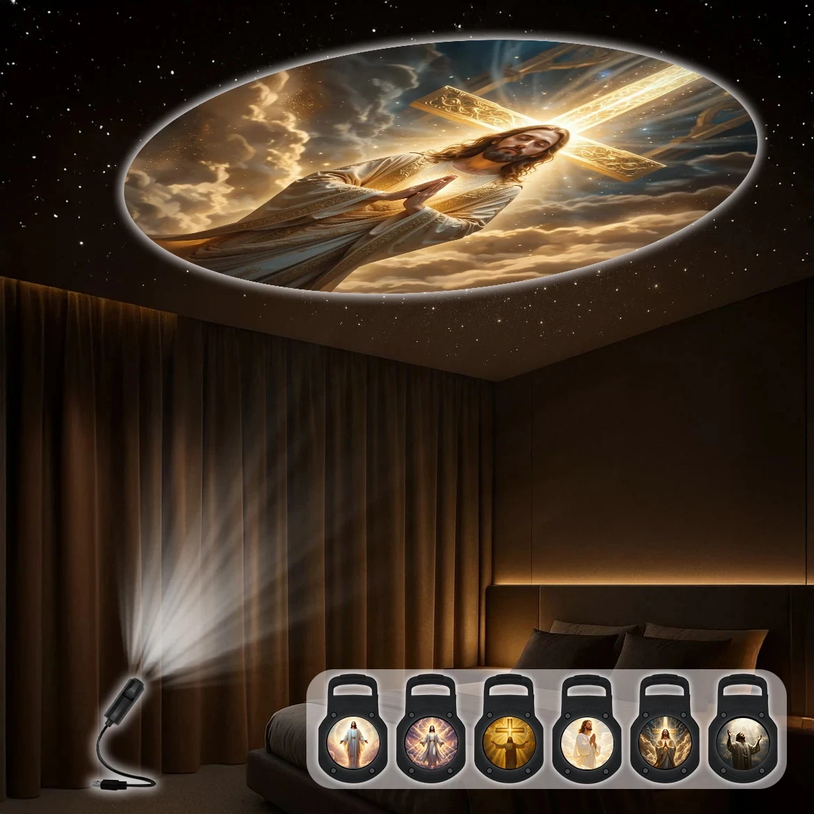 Jesus-themed 6-patterns Projection Lights Living Room Ambiance Lamp Wall/Ceiling Decoration USB Night Lights Festival Gift