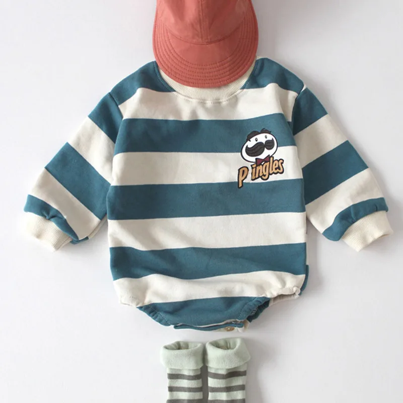 Autumn New Baby Boys Long Sleeve Striped Bodysuit Cotton Newborn Girls Cute Cartoon Print Jumpsuit Infant Toddler Clothes 0-24M