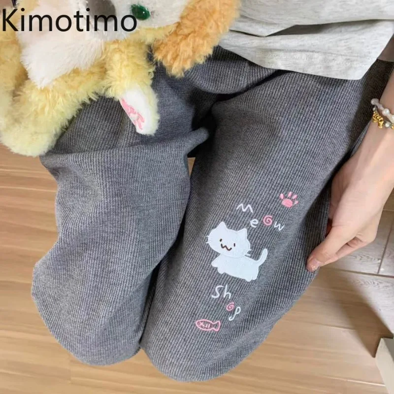 

Kimotimo Japanese Cute Cat Embroidery Long Pants Women 2024 Autumn Winter Velvet Warm Casual Wide Leg Trousers Y2k Streetwear