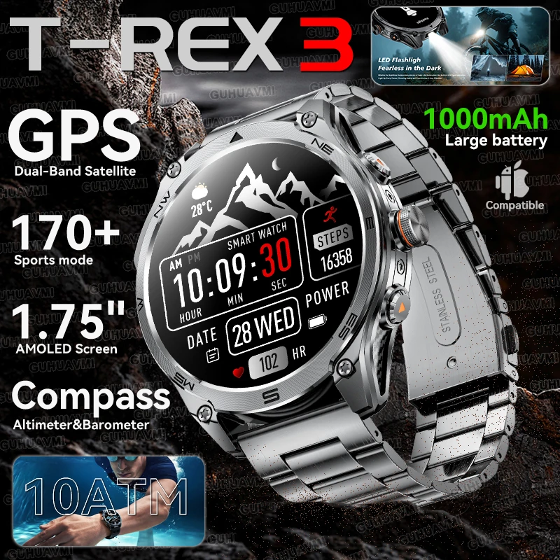 

2025Новые спортивные умные часы T-Rex3 с GPS на открытом воздухе, встроенные двухдиапазонные GNSS 10ATM, водонепроницаемые, компас, альтиметр, мужские военные умные часы