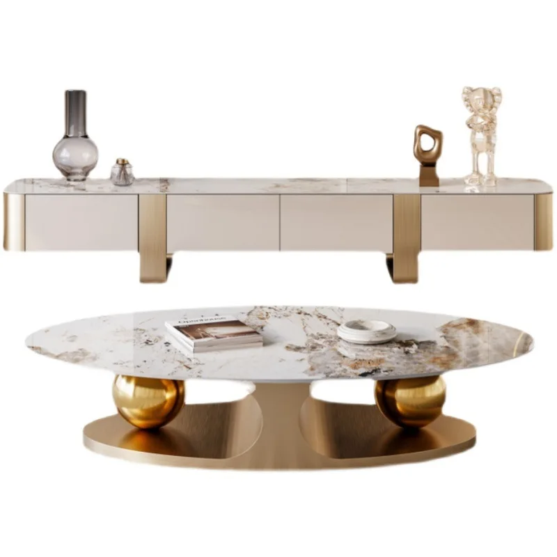 

ds-Light Luxury Modern Simple Oval Rock Panel TV Cabinet Small Stainless Steel High-end Living Room Home Coffee Table%