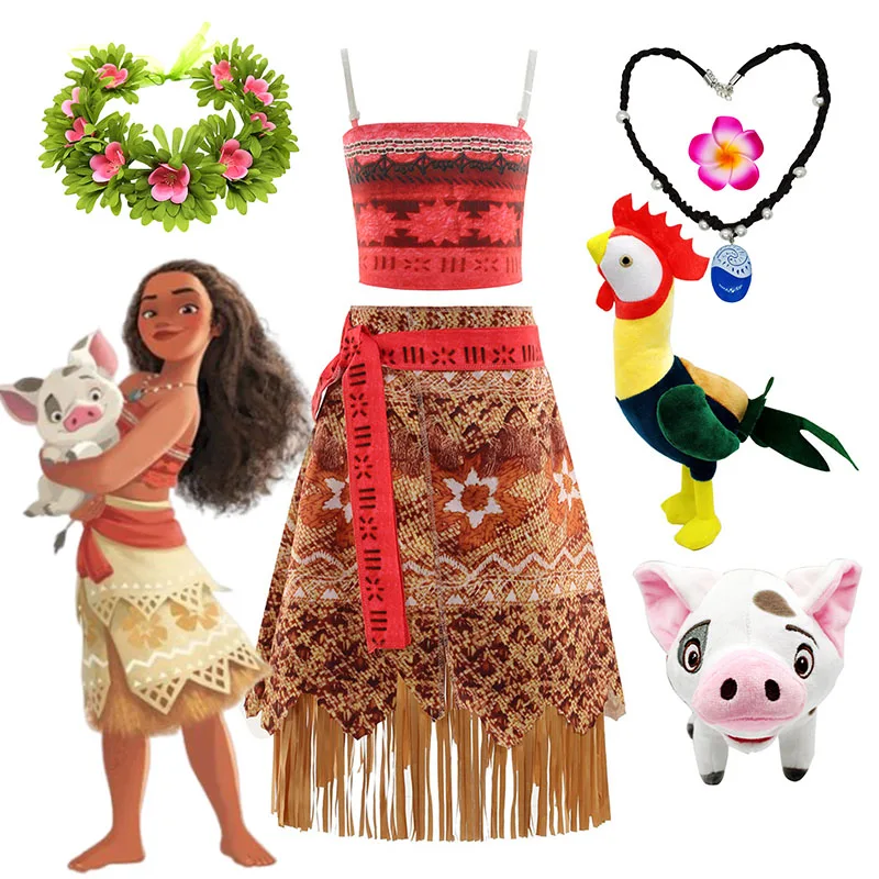 Disney Moana Dress Kids Girls Cosplay Princess Vaiana Dresses Children Birthday Party Costume With Necklace Pet Pig Chick Outfit