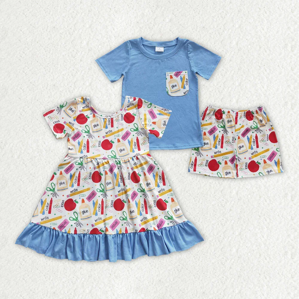 

BSSO0278 Summer baby girls dresses back to school short sleeve shorts sets dress Wholesale kids clothes boys sets