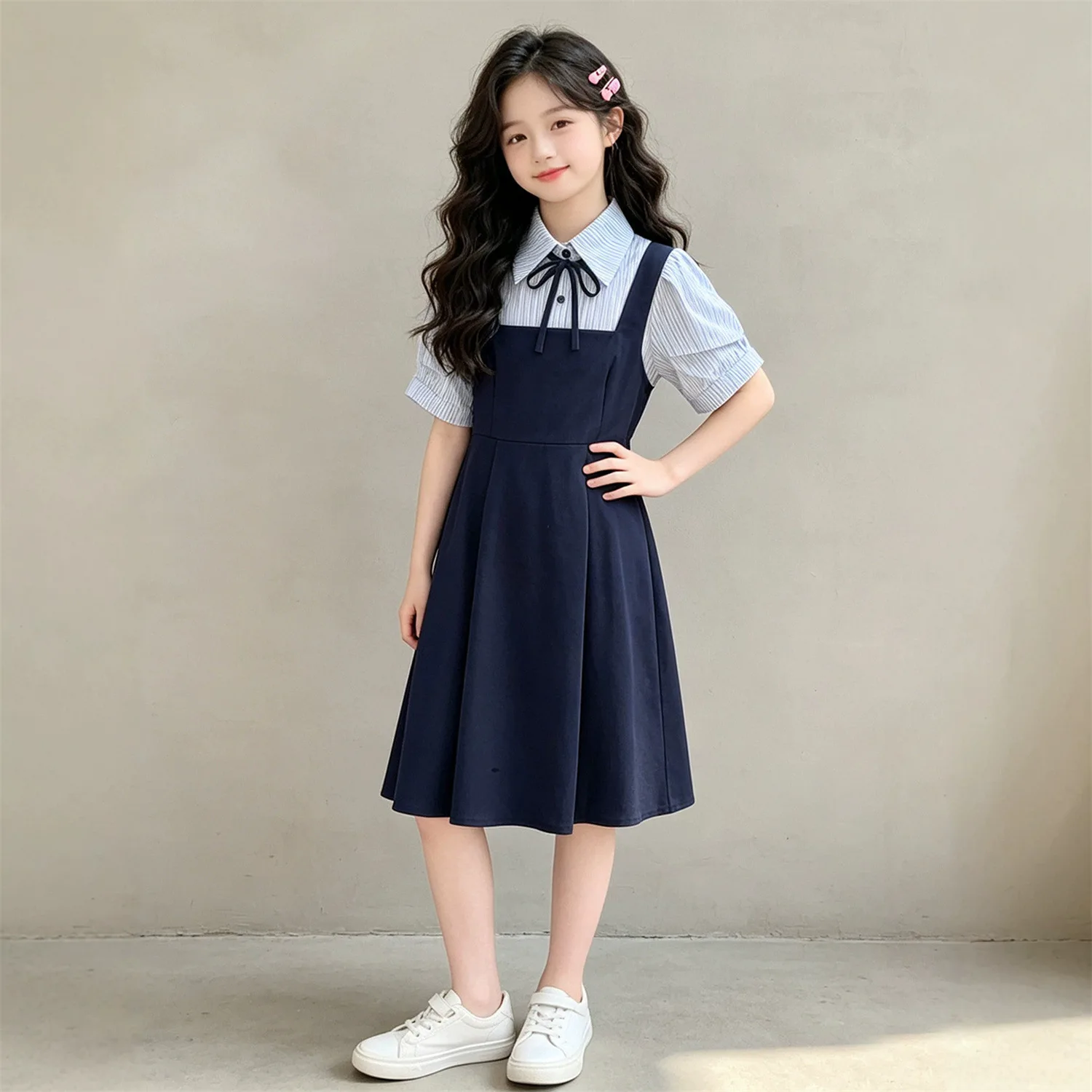 2026 summer Kids party princess Dresses girls Clothes Teens striped navy Girls Daily Wear splicing bow 4 8 10 12 year student