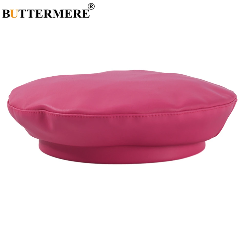 BUTTERMERE Rose Red Winter Hat Pu Leather French Berets Caps for Women Solid Retro Ladies Artist Beret Beanies Cap