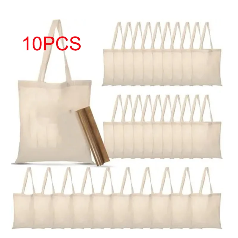 Geestock 10pcs Canvas Tote Bag Folding Eco-Friendly Shopping Bag Causal Shoulder Bag Handbag Reusable Shopping Trip Bag