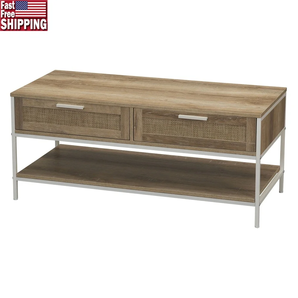 

Rectangular Coffee Table with Storage Shelf and 2 Drawers Rustic Wood Grain Woven Front Indoor Living Room Furniture