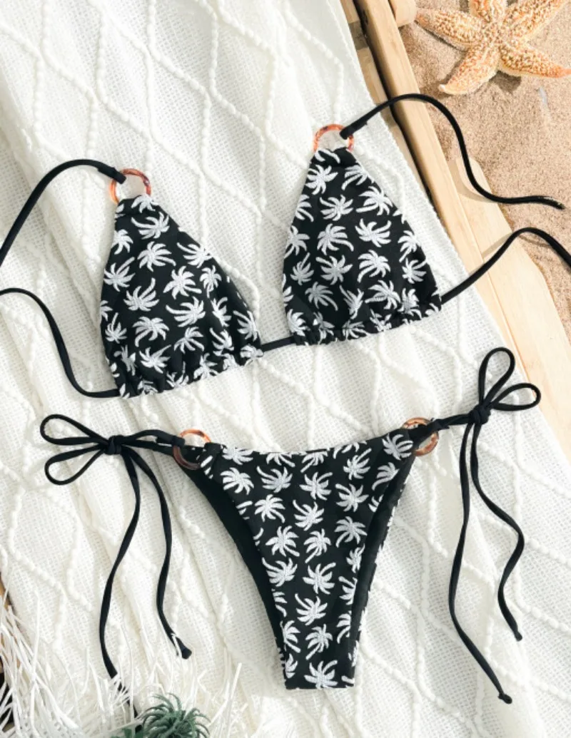 مثير طباعة الرسن التعادل الدائري الأسود البيكينيات مجموعات قطعتين ثونغ المايوه بحر المايوه ملابس السباحة biquini Tankini #1