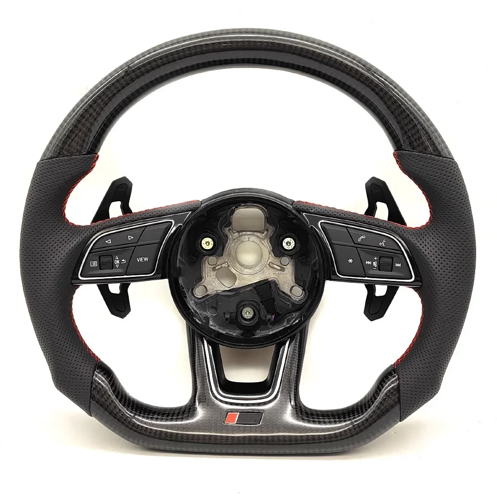 For Audi A4 B9 Carbon Fiber Steering Wheel Red/Black Stitching S /RS /Sline LOGO Multifunctional Buttons and Paddles Assembly