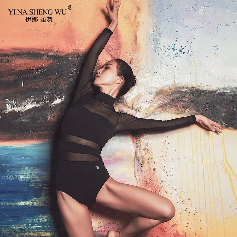 新しい女性バレエダンスレオタードパフォーマンス服大人のダンス衣装ボディスーツ長袖体操ステージウェア-3-色