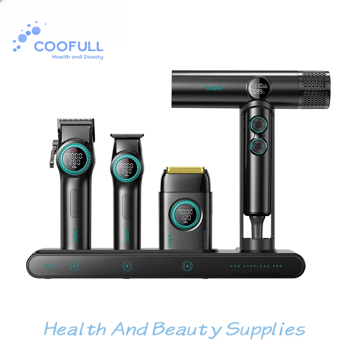 Coofull VGR 4IN1 Steplerss PRO 9000RPM Hair Clipper Trimmer Hair Dryer 11000RPM High Speed Professional Barber Tools Kit